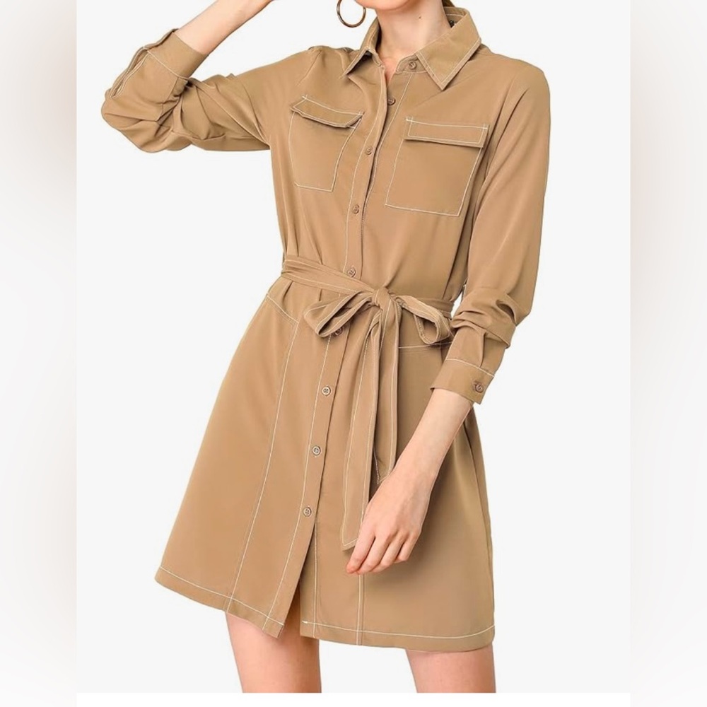 NWT Allegra K Ladies Contrast Stitch Button  Long Sleeves Shirt Dress size XL